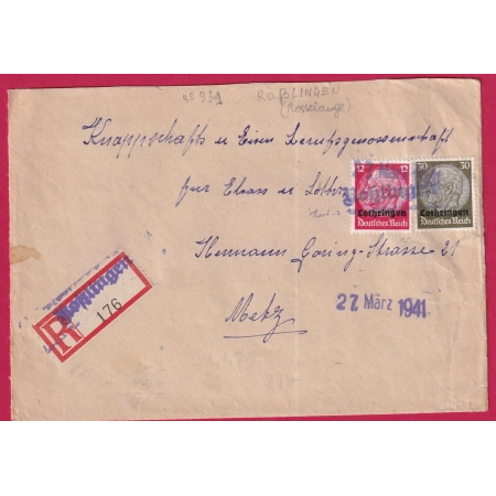ALSACE LORRAINE LOTHRINGEN ROSSELANGE 1941 MOSELLE RECOMMANDE POUR METZ LETTRE COVER FRANCE