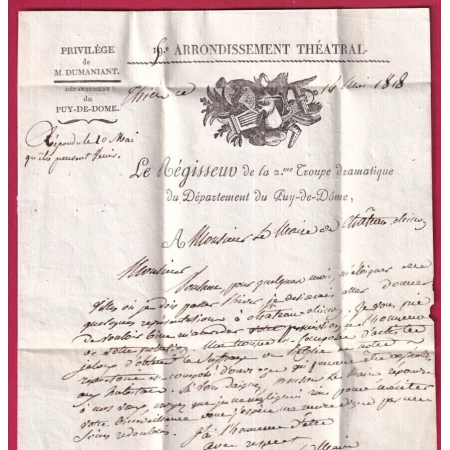 MARQUE P62P THIERS PUY DE DOME 1818 SUPERBE TEXTE TROUPE THEATRE DRAMATIQUE CHATEAU CHINON NIEVRE LETTRE COVER FRANCE