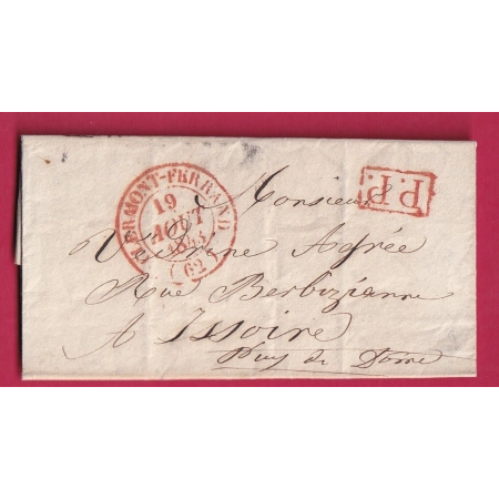 CAD TYPE 14 CLERMONT FERRAND EN ROUGE + PP 1843 POUR ISSOIRE INDICE 13 LETTRE COVER FRANCE