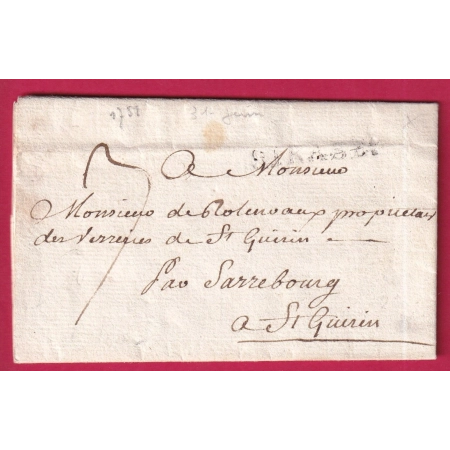 MARQUE STRASBOURG BAS RHIN 1751 LENAIN N°13 INDICE 16 32X4 POUR ST QUIRIN MOSELLE LETTRE COVER FRANCE