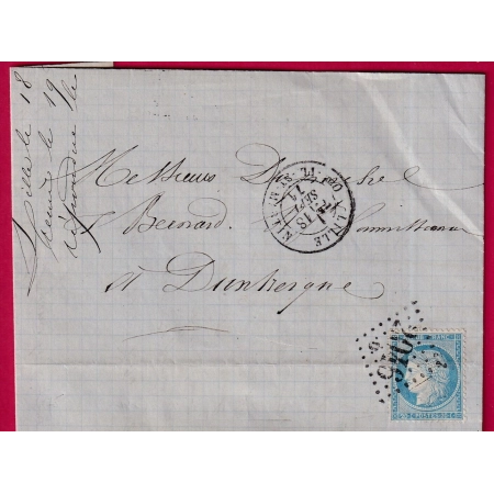 N°37 DU 18 SEPTEMBRE 1871 NON TAXE ERREUR POSTALE GC 2046 LILLE Qer PL ST MARTIN NORD DUNKERQUE NORD LETTRE COVER FRANCE
