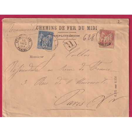 N°90 94 CHARGEMENTS PERPIGNAN PYRENEES ORIENTALES 1887 POUR PARIS CHEMIN DE FER DU MIDI LETTRE COVER FRANCE