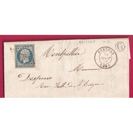 N°14 BLEU LAITEUX PC 2427 PEZENAS HERAULT BOITE RURALE G ADISSAN POUR MONTPELLIER LETTRE COVER FRANCE