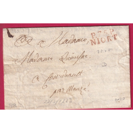 MARQUE P75P NIORT EN ROUGE DEUX SEVRES POUR MAUZE 1823 LETTRE COVER FRANCE