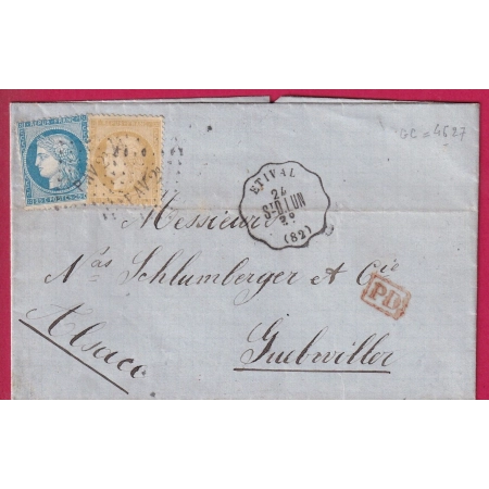 N°59 60 CONVOYEUR STATION ETIVAL VOSGES POUR GUEBWILLER HAUT RHIN ALSACE LORRAINE ALLEMAGNE LETTRE COVER FRANCE