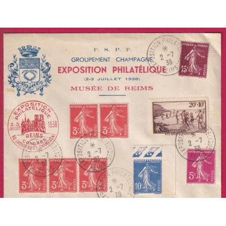 EXPOSITION PHILATELIQUE REIMS MARNE 1938 SEMEUSE LETTRE COVER FRANCE