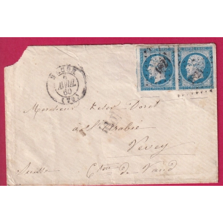 N°14 PAIRE PC 1824 MACON SAONE ET LOIRE POUR VEVEY SUISSE UN TIMBRE VARIETE BOULE DANS MOUSTACHE LETTRE COVER FRANCE