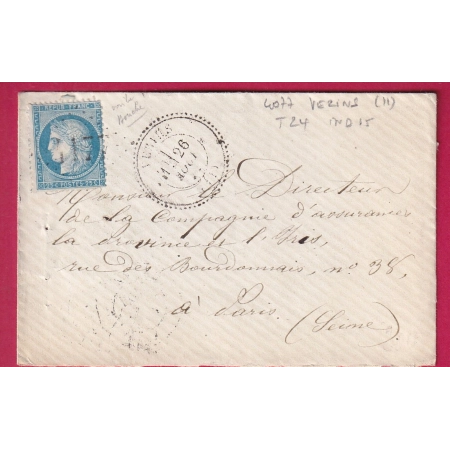N°60 GC 4077 VEZINS AVEYRON CAD TYPE 24 POUR PARIS INDICE 15 LETTRE COVER FRANCE