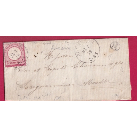 ALSACE LORRAINE ROHRBACH LES BITCHE MOSELLE 1872  AVEC BOITE RURALE FRANCAISE M A IDENTIFIEE LETTRE COVER FRANCE