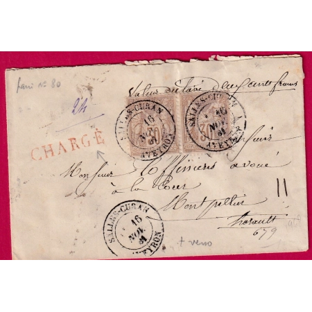 N°80 PAIRE SALLES CURAN AVEYRON LETTRE CHARGE POUR MONTPELLIER HERAULT LETTRE COVER FRANCE