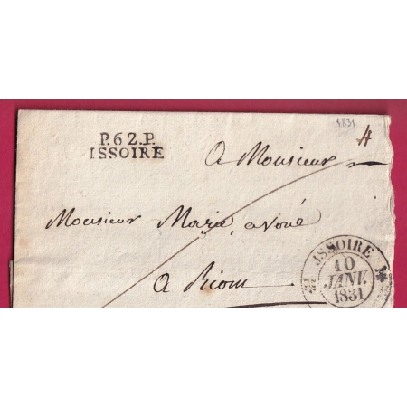 MARQUE P62P ISSOIRE PUY DE DOME + CAD TYPE 12 DU 10 JANVIER 1831 BELLE COMBINAISON POUR RIOM LETTRE COVER FRANCE