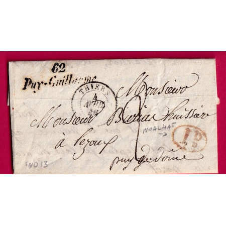 CURSIVE 62 PUY GUILLAUME PUY DE DOME T15 THIERS DECIME RURALE DE NOALHAT POUR LEZOUX LETTRE COVER FRANCE