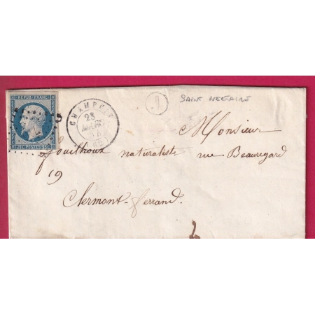 N°10 PC 716 CHAMPEIX PUY DE DOME BOITE RURALE J SAINT NECTAIRE POUR CLERMONT FERRAND MARS 1854 LETTRE COVER FRANCE