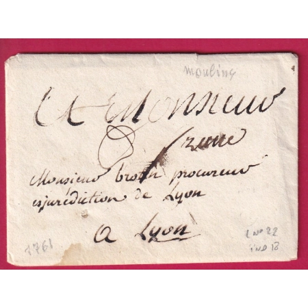 MARQUE FRANC DE MOULINS ALLIER LENAIN N°22 1761 POUR LYON LETTRE COVER FRANCE