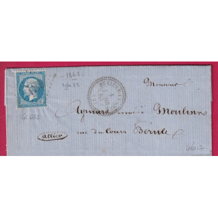 N°22 GC 681 BUXIERE LA GRUE ALLIER CAD TYPE 22 POUR MOULINS INDICE 17 LETTRE COVER FRANCE