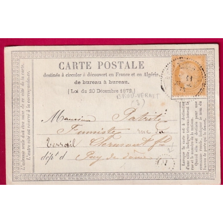 N°59 CAD TYPE 24 BROU VERNET ALLIER + OL POUR CLERMONT CARTE PRECURSEUR LETTRE COVER FRANCE