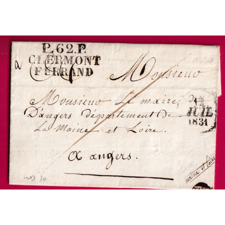 MARQUE P62P CLERMONT FERRAND PUY DE DOME 1831 POUR ANGERS INDICE 10 LETTRE COVER FRANCE