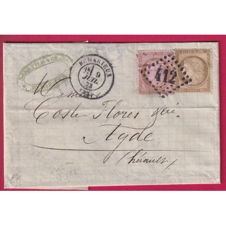 N°58 57 GC 412 BEDARIEUX HERAULT 1873 POUR AGDE HERAULT LETTRE COVER FRANCE