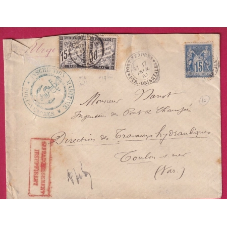 N°90 PORT VENDRES PYRENEES ORIENTALES TAXE A 45C INSCRIPTION MARITIMES POUR TOULON 1883 LETTRE COVER FRANCE
