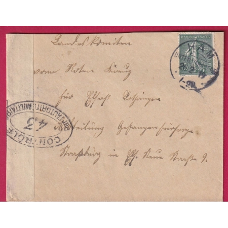 ALSACE LORRAINE N°130 CAD ALLEMAND HAM MOSELLE 1919 CENSURE 43 POUR SUISSE ALLEMAGNE LETTRE COVER FRANCE