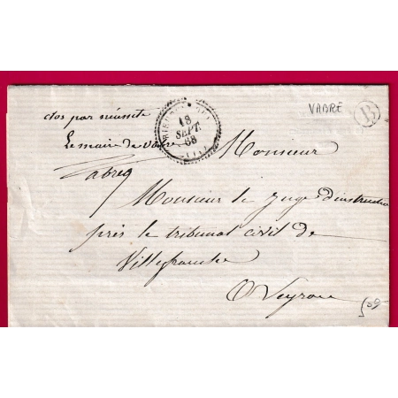 CAD TYPE 22 RIEUPEYROUX AVEYRON FRANCHIE LE MAIRE DE VABRE BOITE RURALE B POUR VILLEFRANCHE LETTRE REUTILISEE 1868