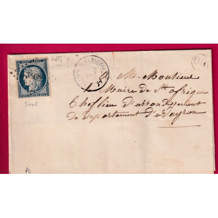 N°4 PC 3468 VALENCE D'ALBIGEOIS TARN POUR ST AFFRIQUE AVEYRON CAD TYPE 14 ALBI AU DOS LETTRE COVER FRANCE