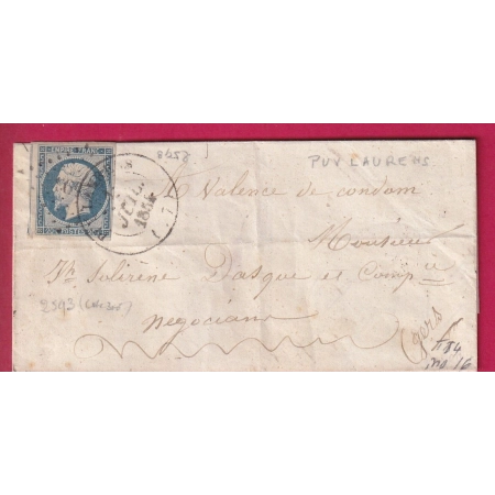 N°14 PC 2593 + CAD TYPE 14 PUY LAURENS TARN 7 JUILLET 1854 VALENCE DE CONDOM GERS INDICE 16 LETTRE COVER FRANCE