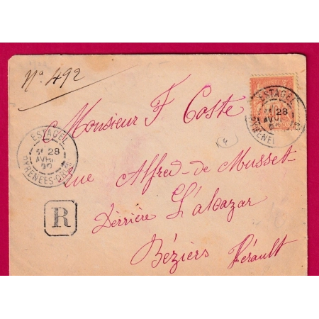 N°94 ESTAGEL PYRENEES ORIENTALES RECOMMANDE POUR BEZIERS HERAULT LETTRE COVER FRANCE