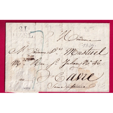 MARQUE 21 UZEL COTES DU NORD POUR LE HAVRE TAXE 7 EN BLEU INDICE 14 LETTRE COVER FRANCE
