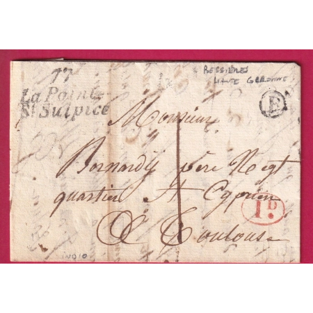 CURSIVE 77 LA POINTE ST SULPICE TARN BOITE RURALE B BESSIERES HAUTE GARONNE TAXE LOCALE 1 TOULOUSE + DECIME RURAL LETTRE