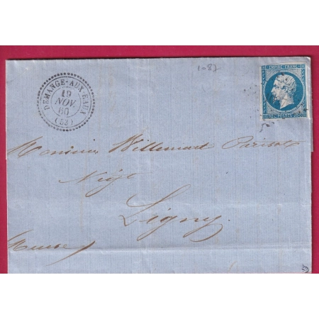 N°14 PC 1087 DEMANGE AUX EAUX CAD TYPE 22 POUR LIGNY MEUSE LETTRE COVER FRANCE