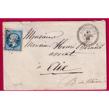 N°22 GC 4709 ROQUEBRUNE VAR CAR TYPE 22 POUR AIX INDICE 14 LETTRE COVER FRANCE