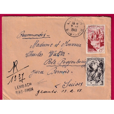 N°790 792 RECOMMANDE PROVISOIRE LEMBACH BAS RHIN POUR ROGGENBURG SUISSE LETTRE COVER FRANCE