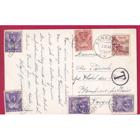 CARTE POSTALE SUISSE SONOGNO 1949 TIMBRE TAXE A 19FR PLOMBIERES LES BAINS VOSGES LETTRE COVER FRANCE