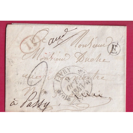 CAD TYPE 11 LIVRY SEINE ET OISE 1843 BOITE E + DECIME RURALE POUR PARIS CACHET FACTEUR AU DOS INDICE 13 LETTRE FRANCE