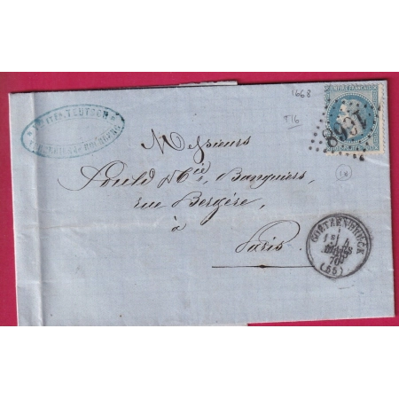 N°29 GC 1668 CD TYPE 16 GOETZENBRUCK MOSELLE ESTIMATION INDICE 18 PAR POTHION POUR PARIS 1870 LETTRE COVER FRANCE