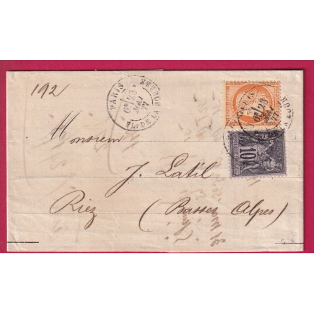 N°89 38 MIXTE SAGE CERES PARIS PL DE LA BOURSE POUR RIEZ HAUTES ALPES 1877 LETTRE FRANCE