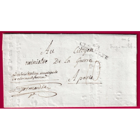 CLERMONT FERRAND ADMIN MUNICIPAL AN 6 1798 PUY DE DOME TEXTE DESERTEUR MILITAIRE LETTRE COVER FRANCE