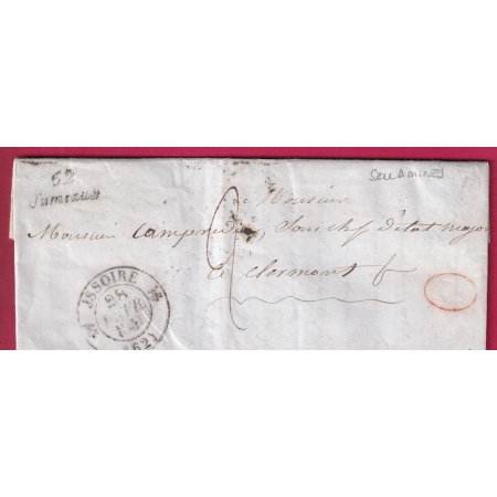 CURSIVE 62 JUMEAUX PUY DE DOME BOITE RURALE F SELLAMINES 1841 DECIME RURAL POUR CLERMONT INDICE 17 LETTRE COVER FRANCE