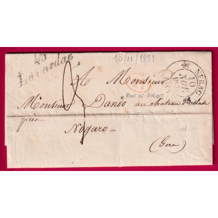 CURSIVE 45 LAVARDAC LOT ET GARONNE DECIME RURAL DE PONT DE BORDES T12 NERAC POUR NOGARO GERS 1831 LETTRE COVER FRANCE