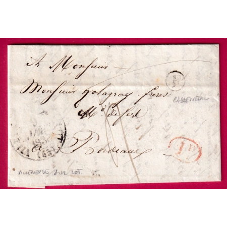 CAD TYPE 12 VILLENEUVE SUR LOT BOITE RURALE F CASSENEUIL DECIME RURAL ROUGE 1838 BORDEAUX LETTRE COVER FRANCE