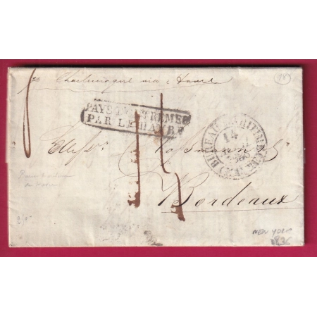 LETTRE DE NEW YORK USA JOURNAL IMPRIME PAYS OUTREMER LE HAVRE + BUREAU MARITIMES SEINE INFERIEURE BORDEAUX 1836 COVER