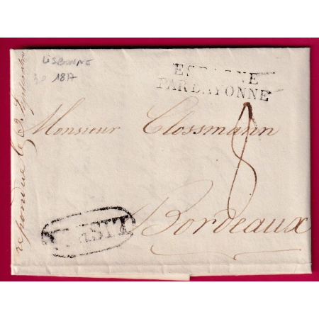 MARQUE LISBOA LISBONNE PORTUGAL 1817 ENTREE ESPAGNE PAR BAYONNE 1817 POUR BORDEAUX LETTRE COVER FRANCE