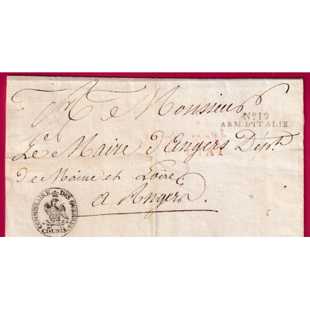 MARQUE N°19 ARMEE ITALIE FRANCHISE ILLUSTREE LE COMMISSAIRE DES GUERRES CHUSIN POUR ANGERS MAINE ET LOIRE LETTRE COVER FRANCE