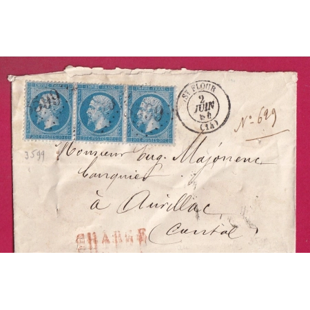 N°22 BANDE DE TROIS GC 3599 LETTRE CHARGE ST FLOUR CANTAL POUR AURILLAC LETTRE COVER FRANCE