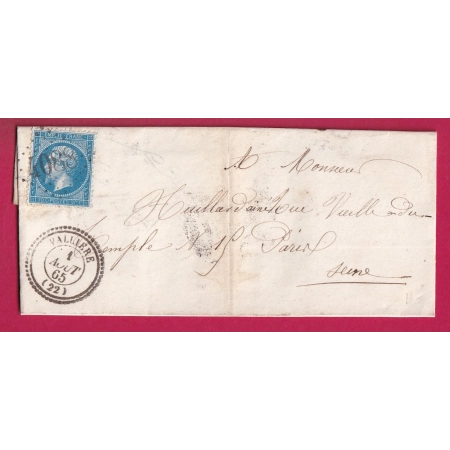 N°22 GC 4088 VALLIERE CREUSE CAD TYPE 22 POUR PARIS 1865 LETTRE COVER FRANCE