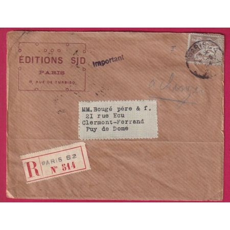 N°105 2FR SAGE SEUL SUR DEVANT DE COLIS RECOMMANDE PARIS 1904 LETTRE COVER FRANCE
