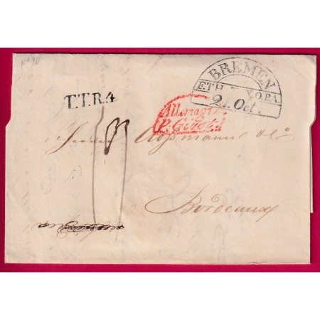 ALLEMAGNE BREMEN 1837 ENTREE ALLEMAGNE PAR GIVET POUR BORDEAUX LETTRE COVER FRANCE