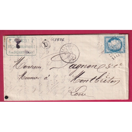 N°60 GC 1856 JALIGNY BOITE RURALE D FLORET MONTBRISON LOIRE LETTRE COVER FRANCE