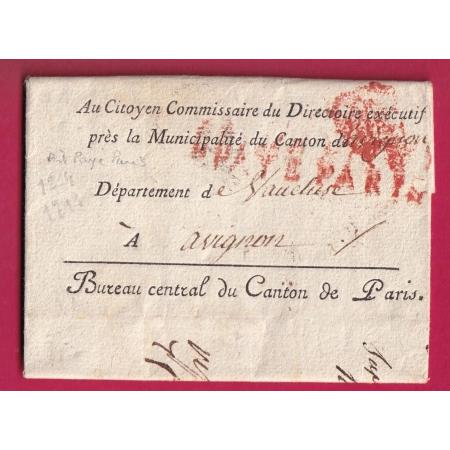 LETTRE EN FRANCHISE DU BUREAU CENTRAL CANTON DE PARIS 1799 POUR AVIGNON VAUCLUSE BEAU CACHET REVOLUTIONNAIRE REVOLUTION